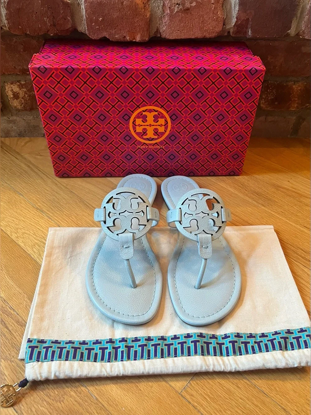Tory Burch Seltzer Light Blue Tumbled Leather Miller Sandals